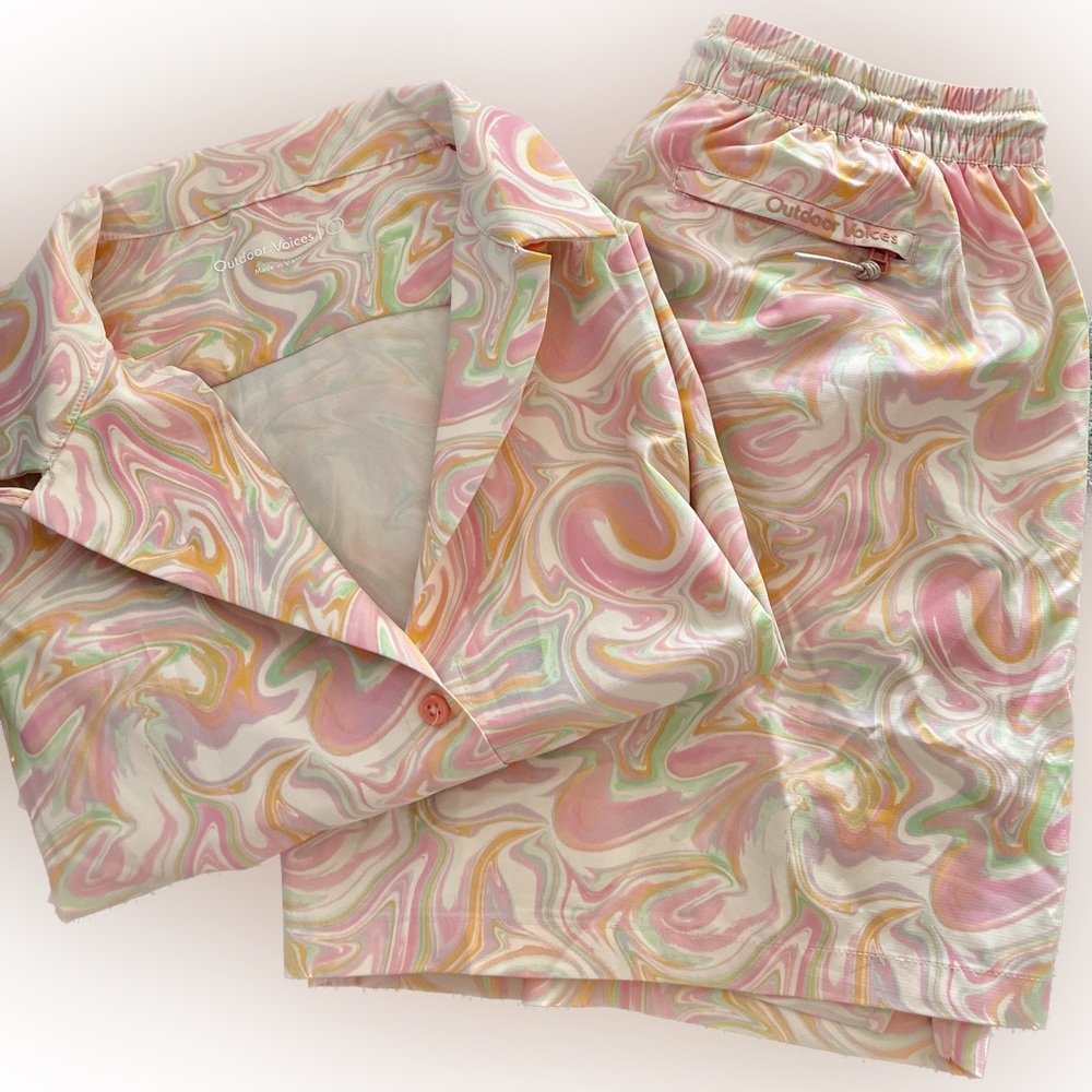 Outdoor Voices Swirl Pattern Pajama Set - Pink and Green